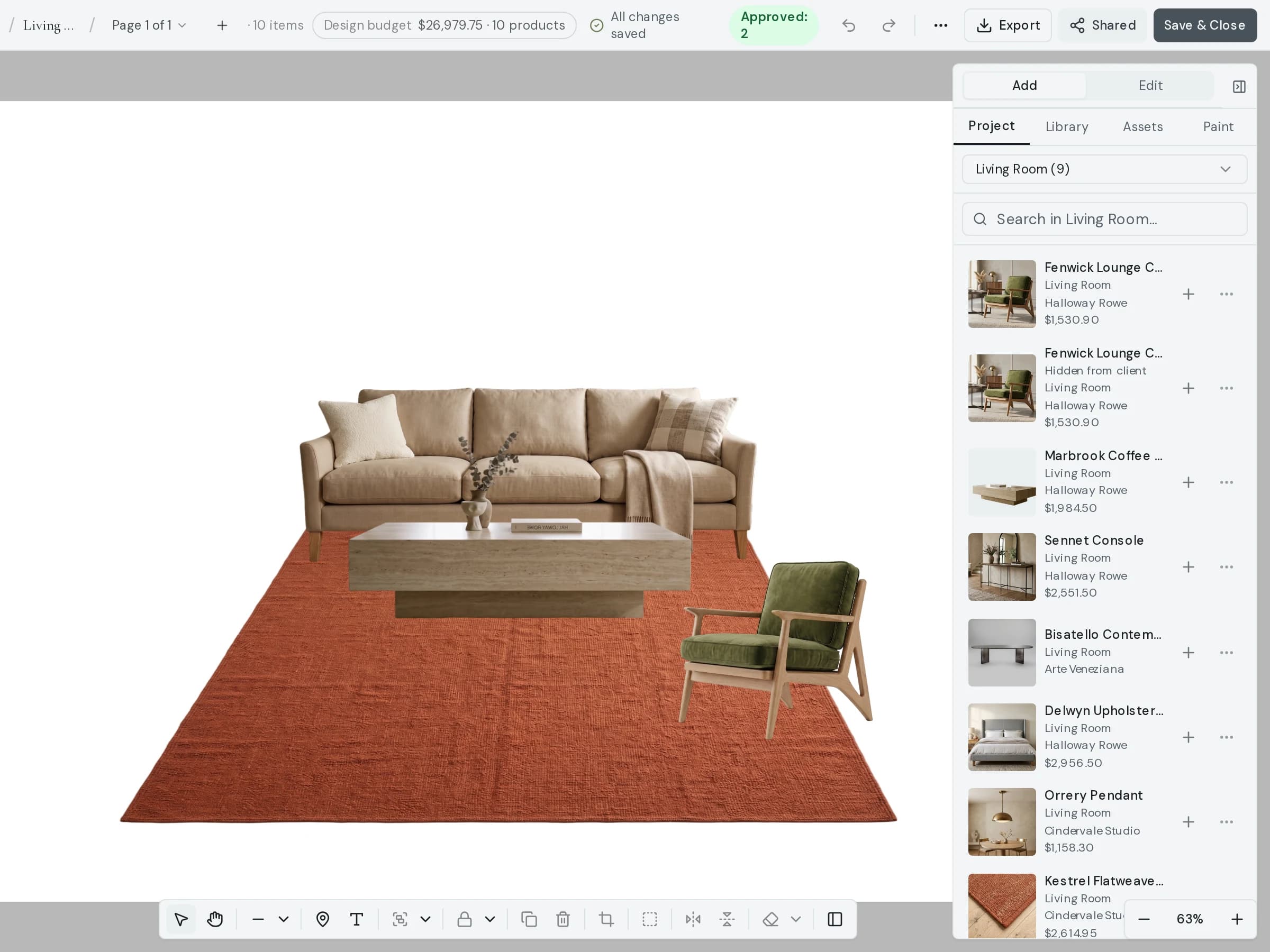 The CoCanvas moodboard editor: a living room vignette on the canvas with the project's product library docked on the right