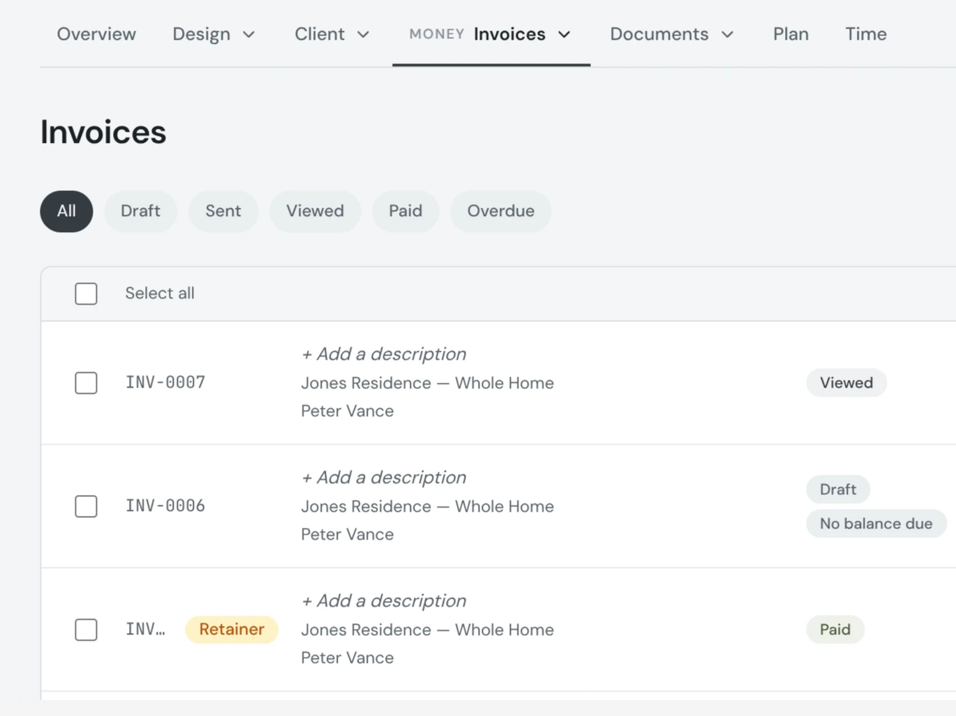 The Invoices tab of a project in CoCanvas: status filters and invoice rows marked Viewed, Draft, and a paid Retainer