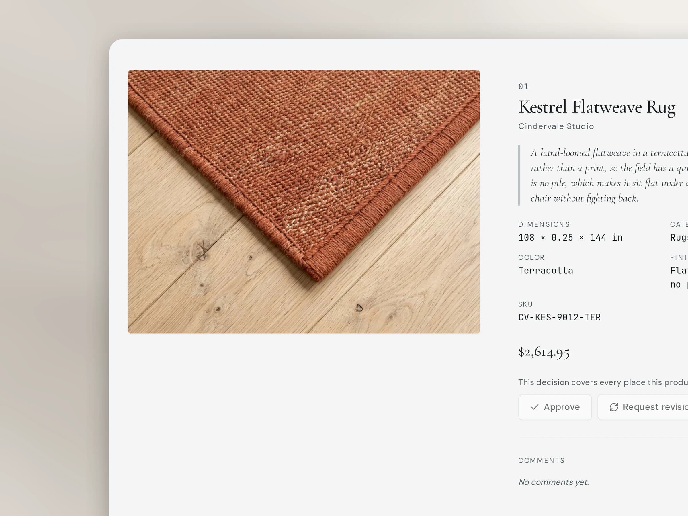 A selection card in the client portal: the rug's photo, its name and description, and the Approve button