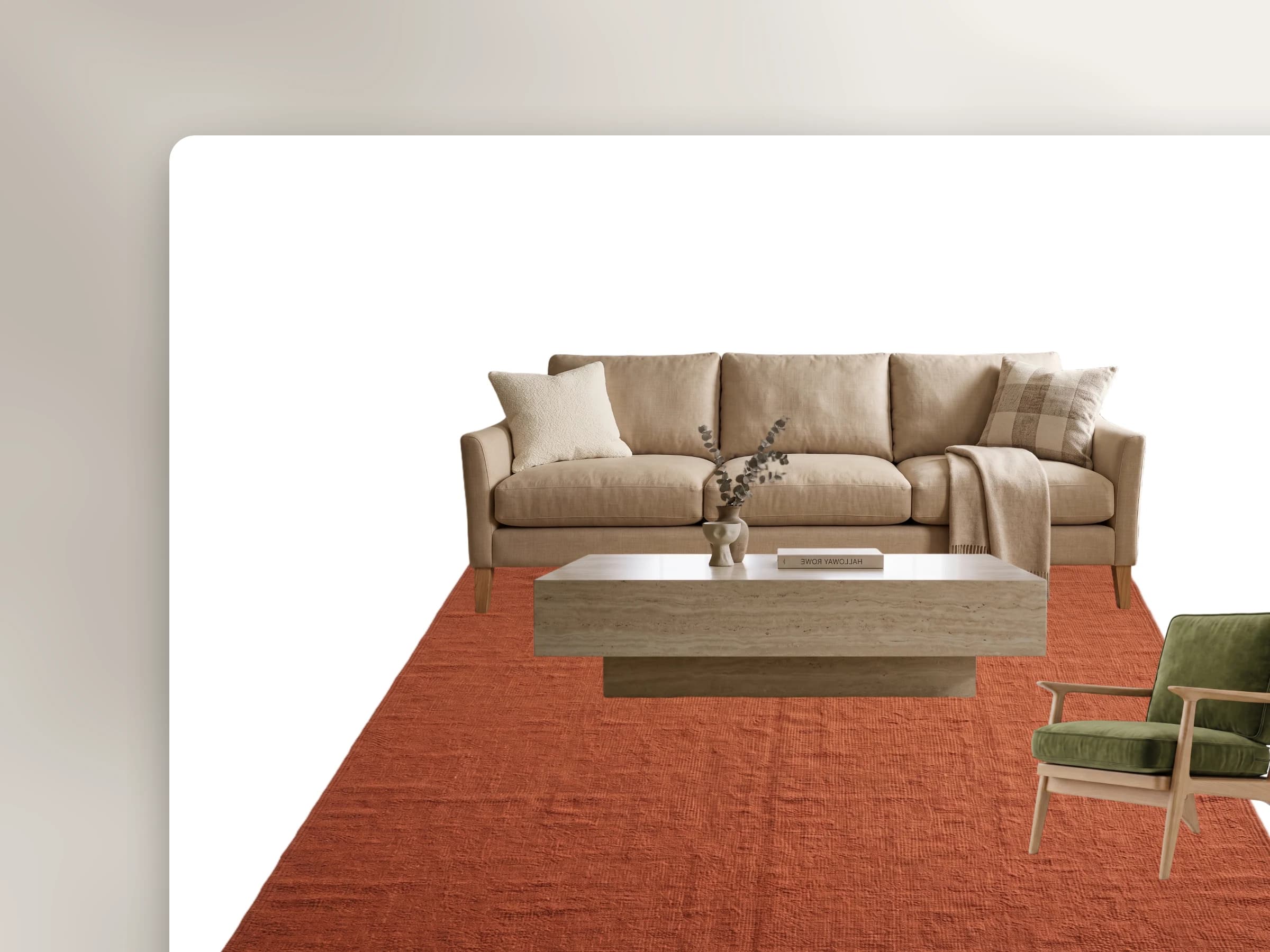 The same pieces arranged on a moodboard: sofa, coffee table, lounge chair, and rug
