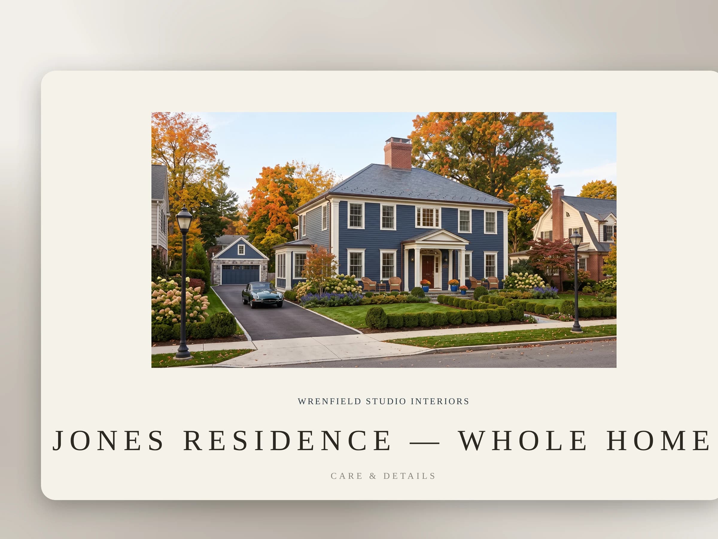 The cover of a generated Care & Details package: a photo of the house, the firm's name, and the project name