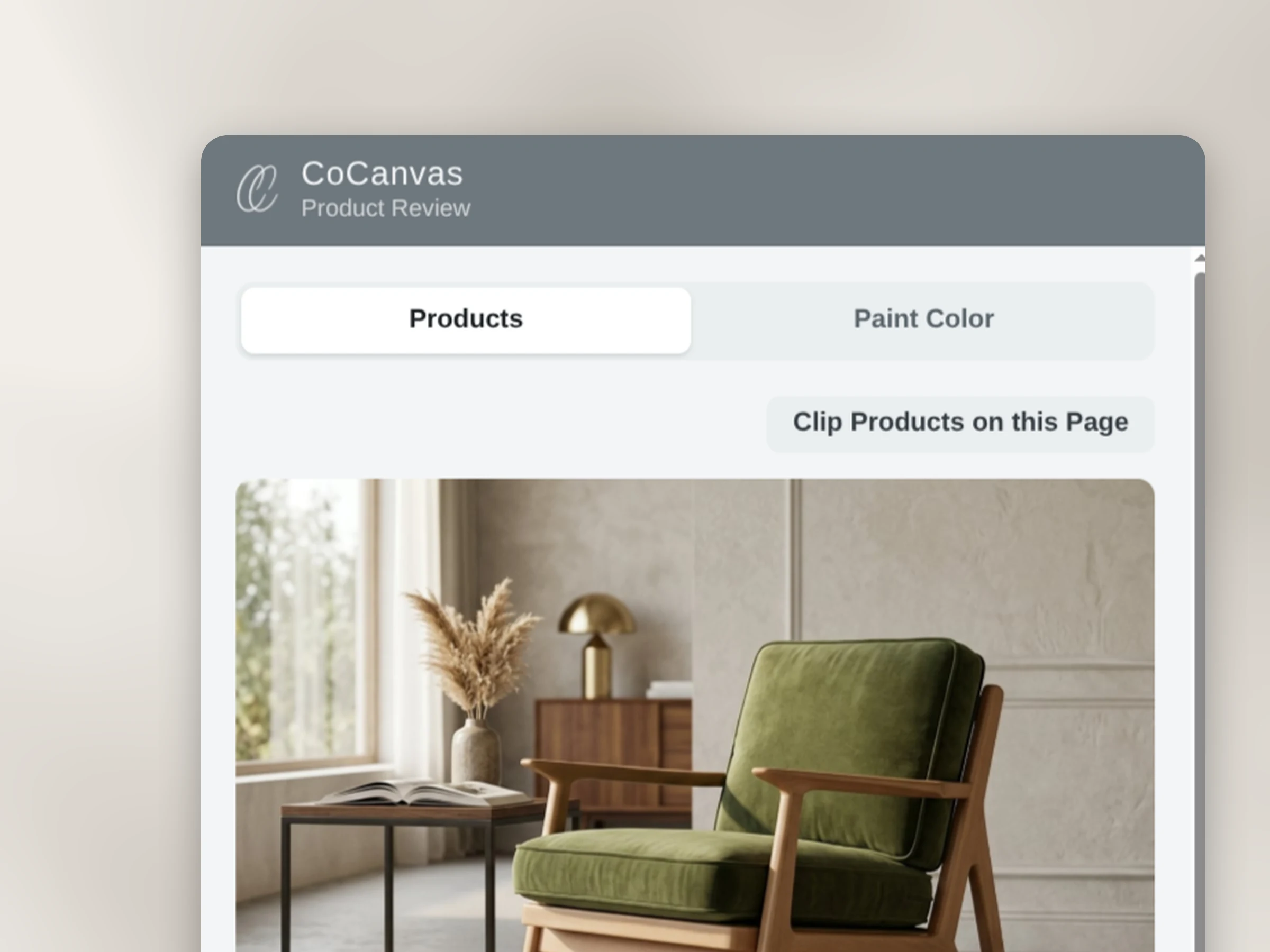 The CoCanvas Product Clipper side panel with a lounge chair's photo pulled from the vendor page