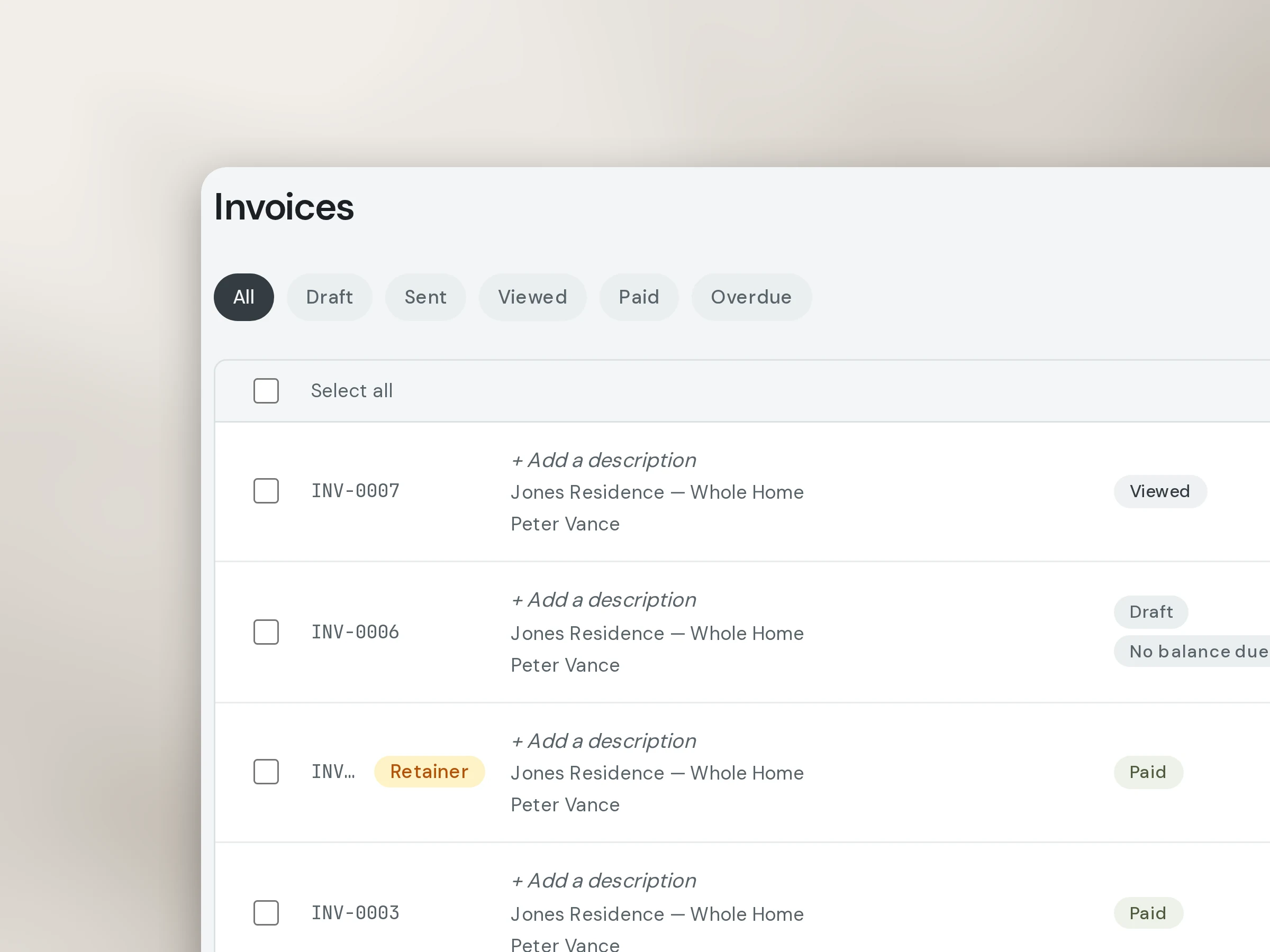 A project's invoice list in CoCanvas: status filters and rows marked Viewed, Draft, and a paid Retainer
